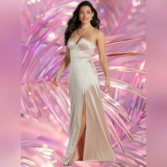 Windsor Laurel Lace-Up A-Line Slit Satin Formal Dress - Picture 1 of 13